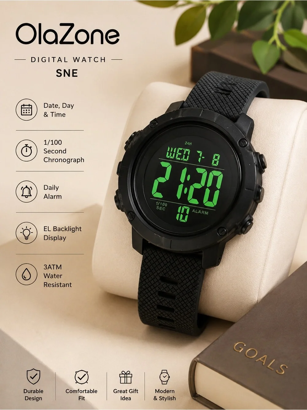 SNE Black Digital Sport Smartwatch with Green Display